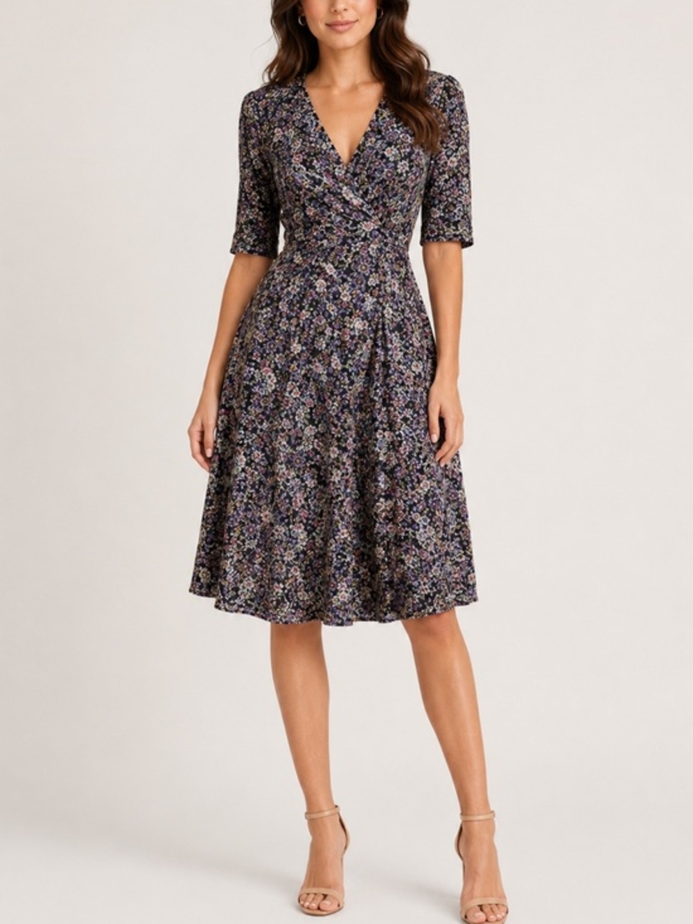 Boden Kassidy Floral Jersey Midi Dress Blue Purple V-Neck Fit & Flare